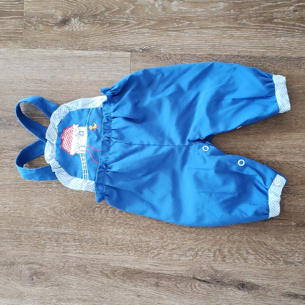 Vintage 80s Retro Baby Blue Overalls House Duck Embroidery, Size baby toddler